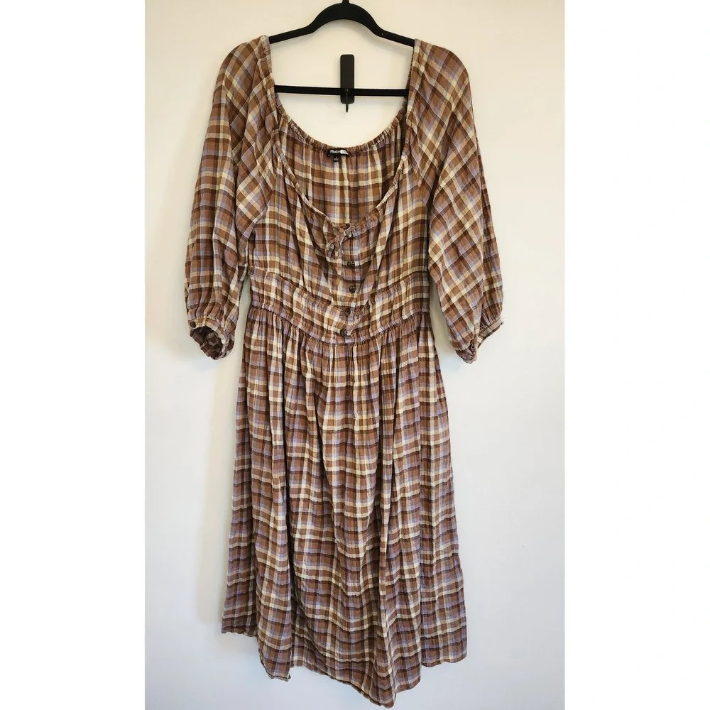 Madewell Brown Plaid Long Sleeve Midi Dress - Picture 2 of 8